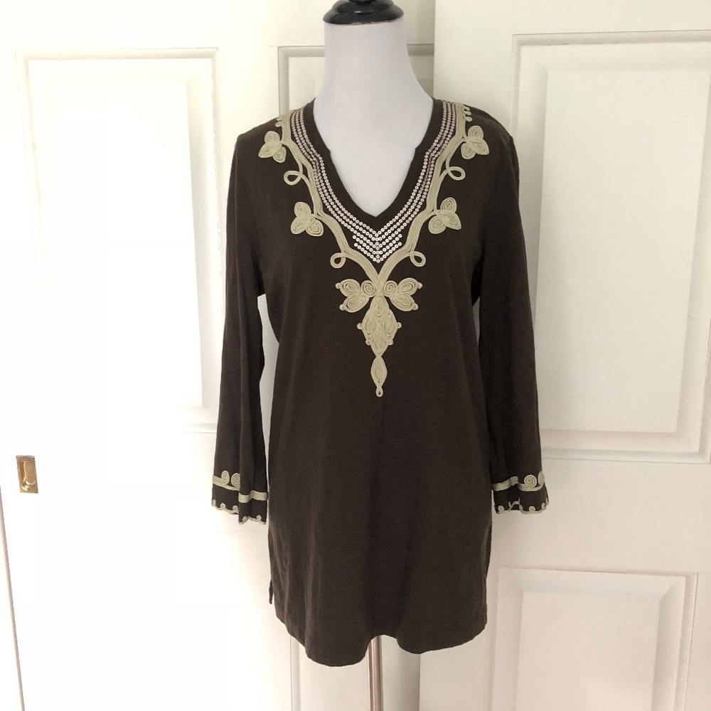 Split Neck Crewel Neckline Tunic Bell Sleeves - image 1
